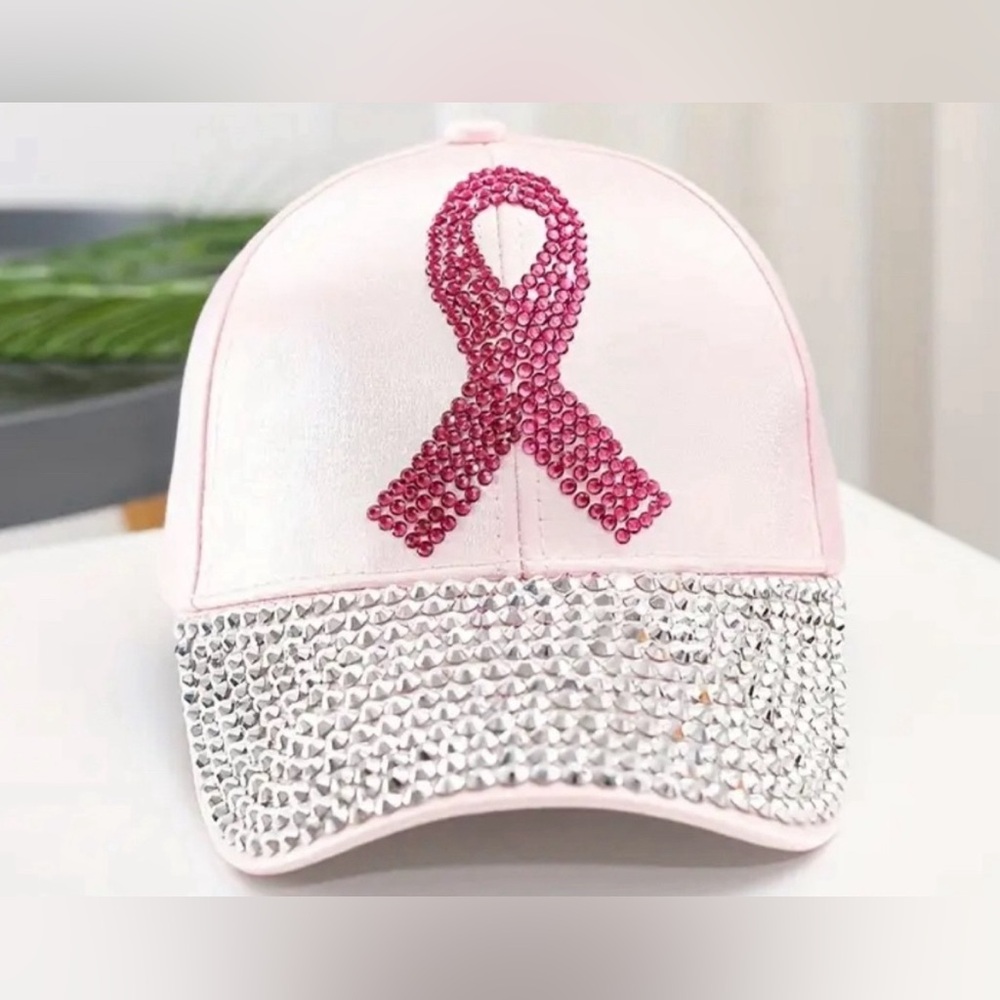 BREAST CANCER AWARENESS pink ribbon Rhinestone hat - Picture 2 of 4